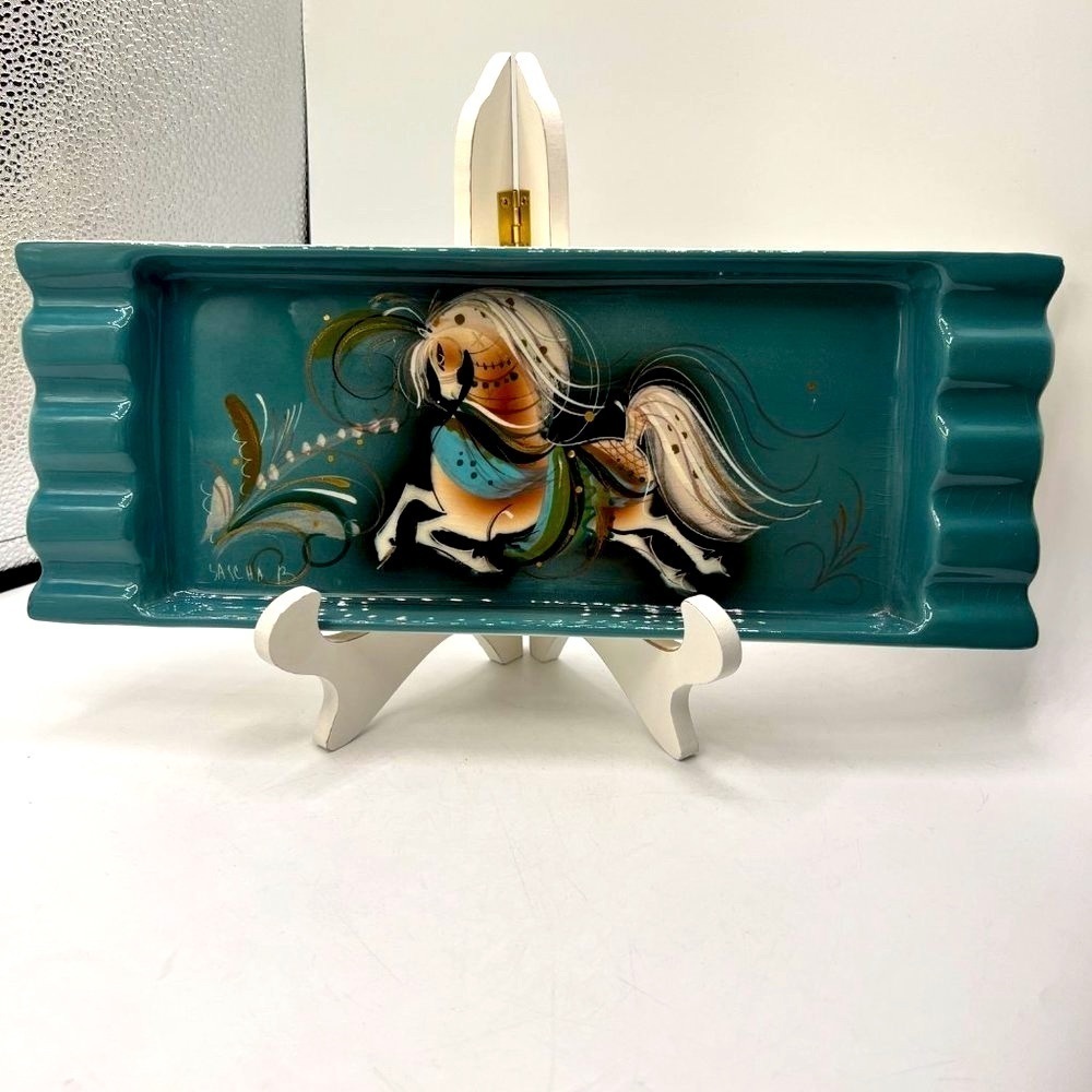 Sascha Brastoff Teal Edged Galloping Stallion Mid Century Ashtray